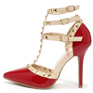 Wild Diva Lounge Red Studded T-Strap Pointed Heels